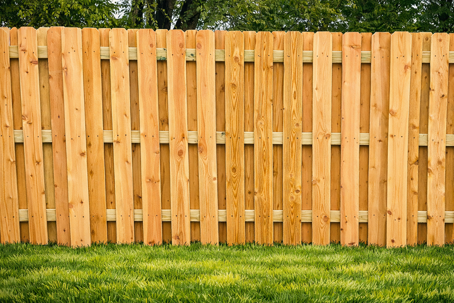 A rustic wooden fence with natural edges stands in front of a green grass lawn with blurred trees in the background.