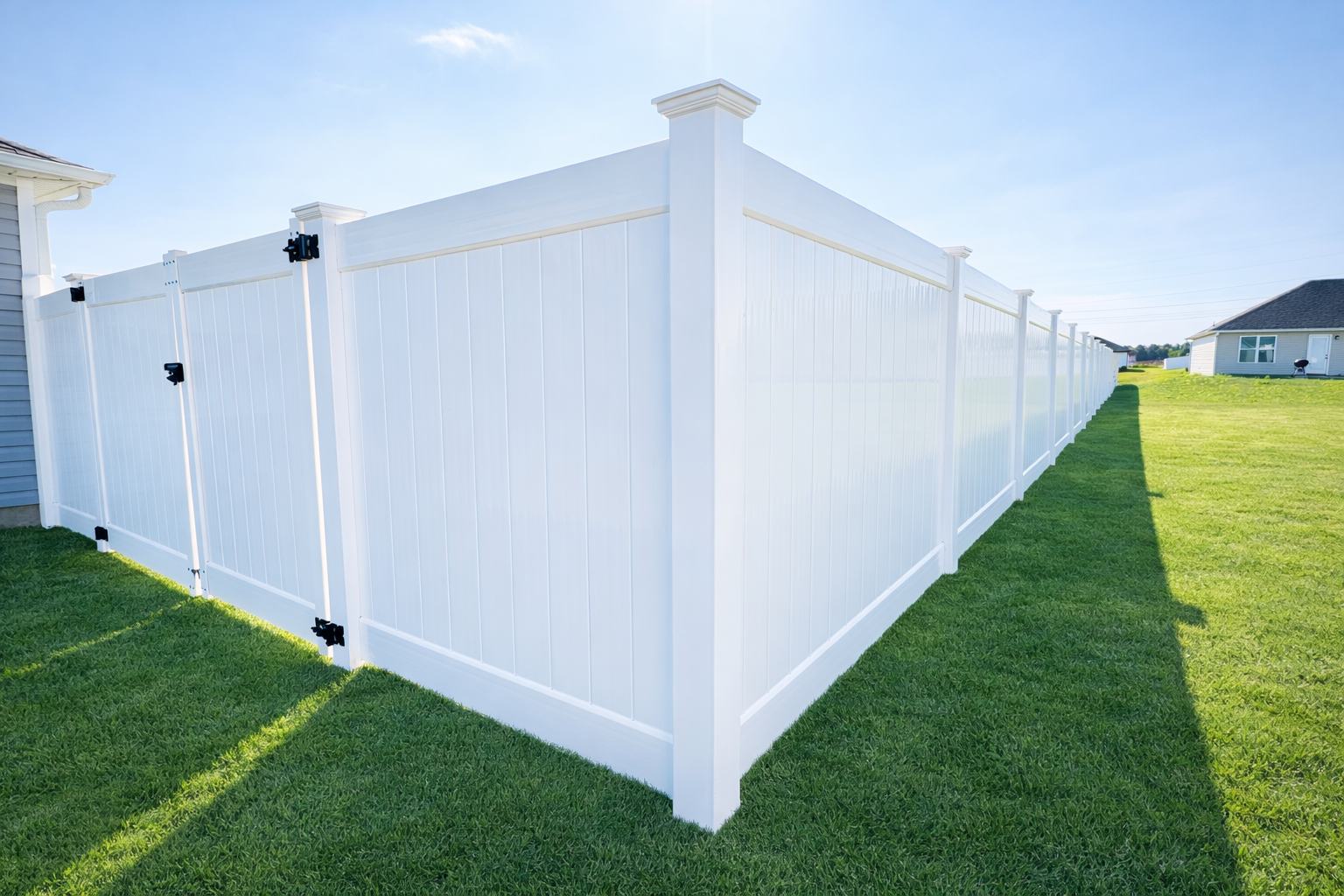 Vinyl 3D render featuring smooth vinyl panels and routed posts, designed for privacy and style in Dilworth, Minnesota.