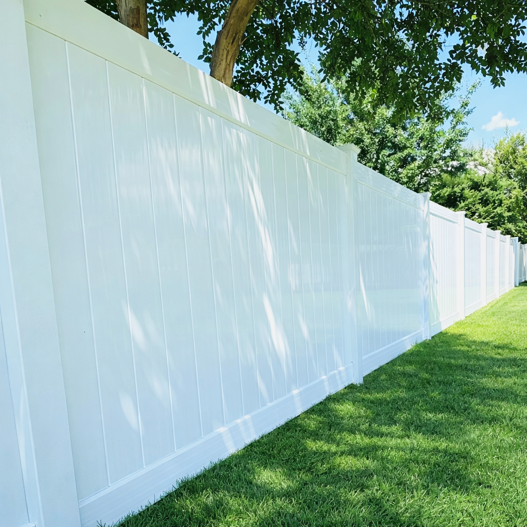A tall, white vinyl privacy fence lines a lush green lawn under a bright sky with trees visible over the top.