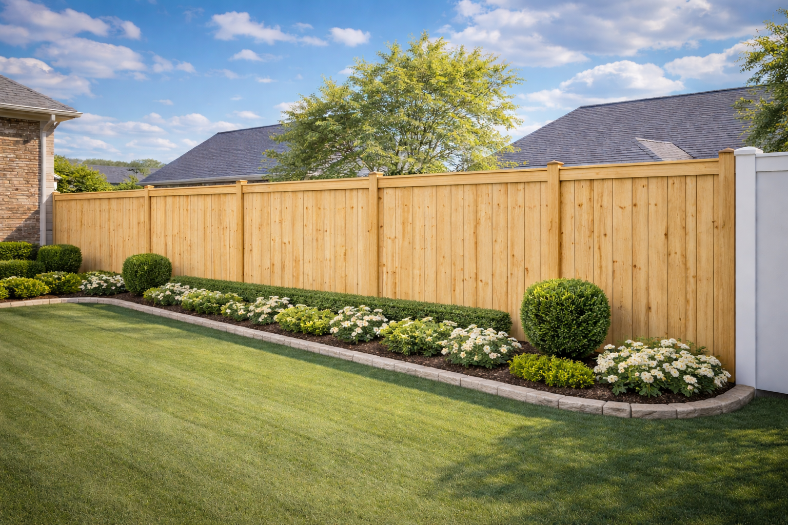 A light wooden picket fence borders a lush green lawn with a garden bed of blooming white flowers and a rounded shrub.