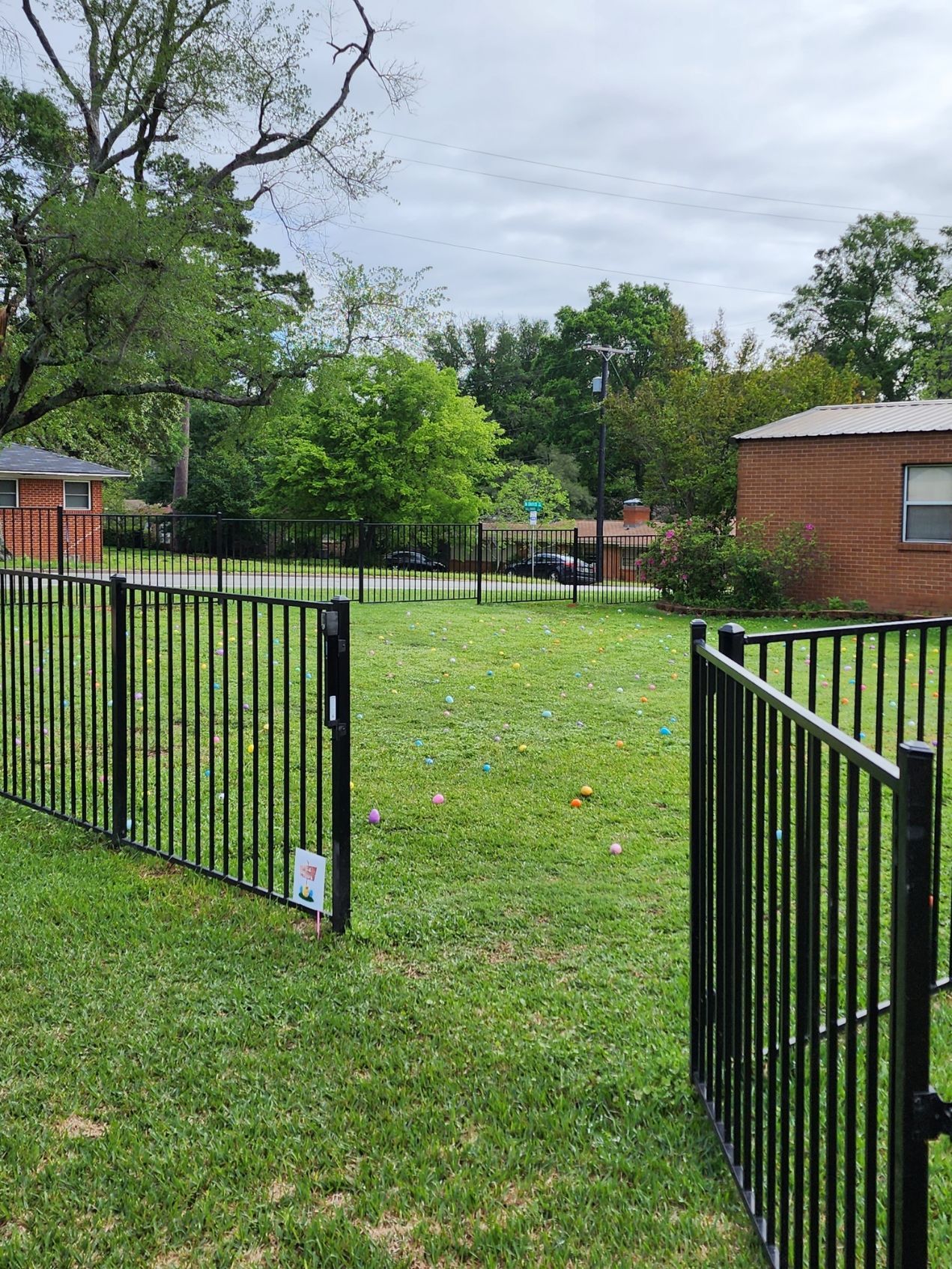 Black metal fence encloses a green lawn. Trees and buildings are visible in the background under an overcast sky.