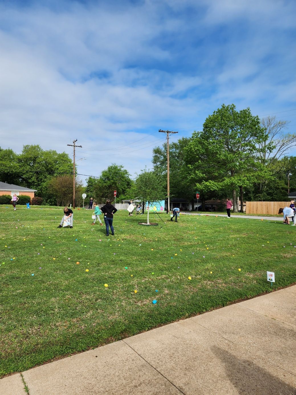People searching for eggs on a grassy lawn under a partly cloudy sky.