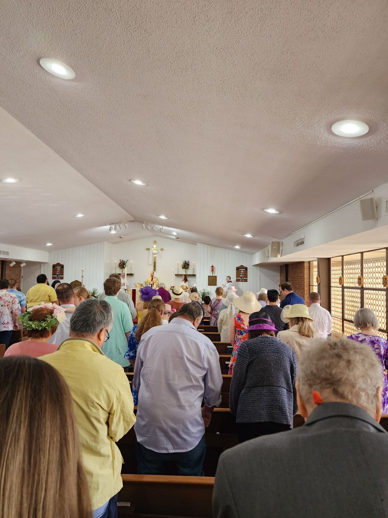People in a church service, facing altar. Sunlight streams in.