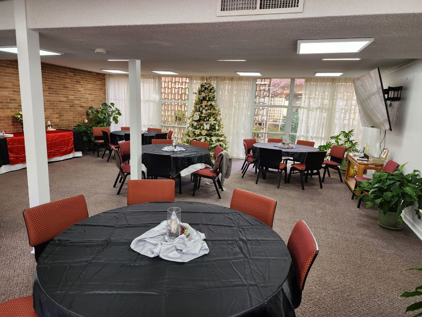 A decorated room with round tables, chairs, Christmas tree, and plants.