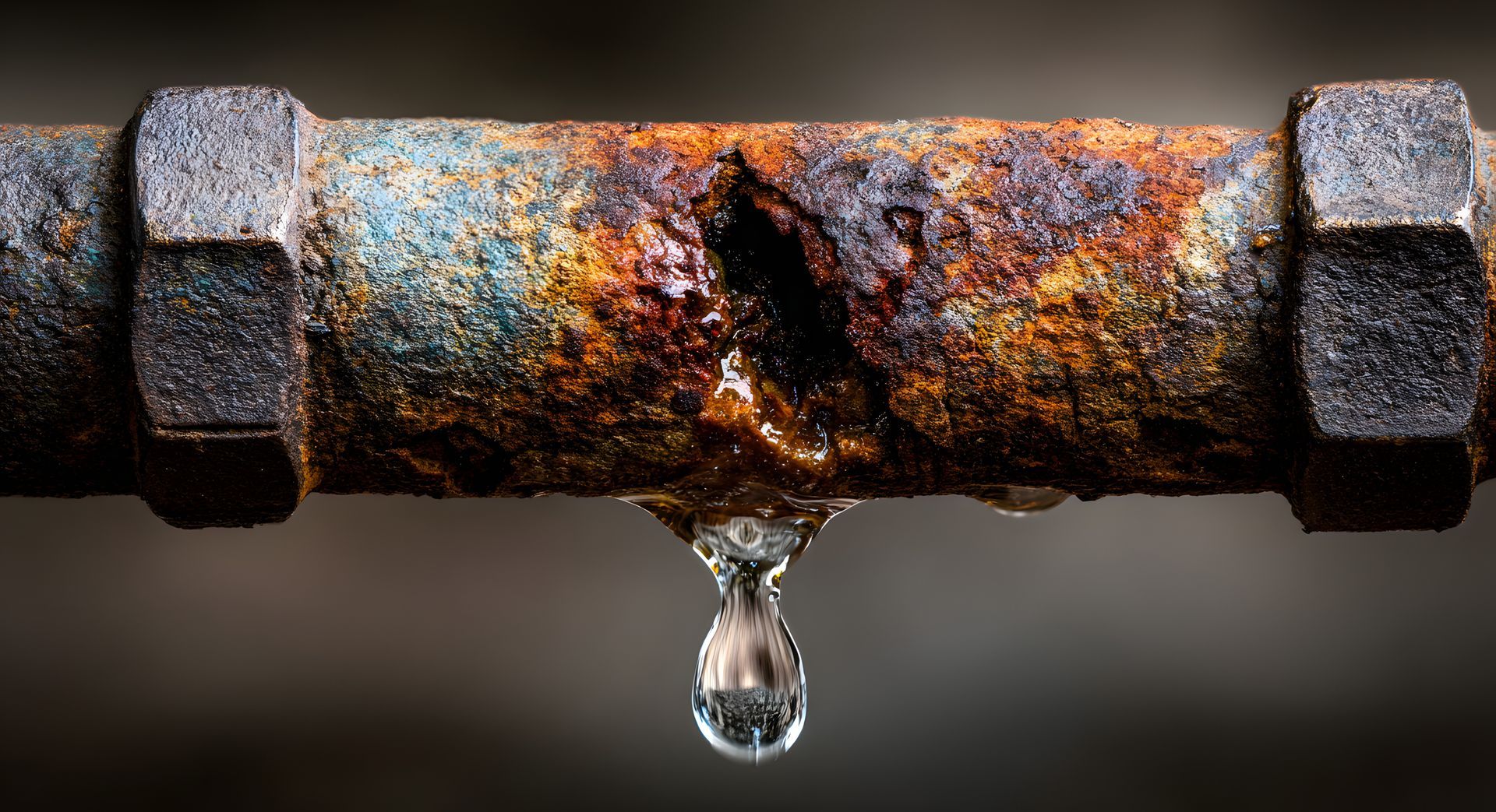 Tuyau rouillé et percé, d'où tombe une goutte d'eau.