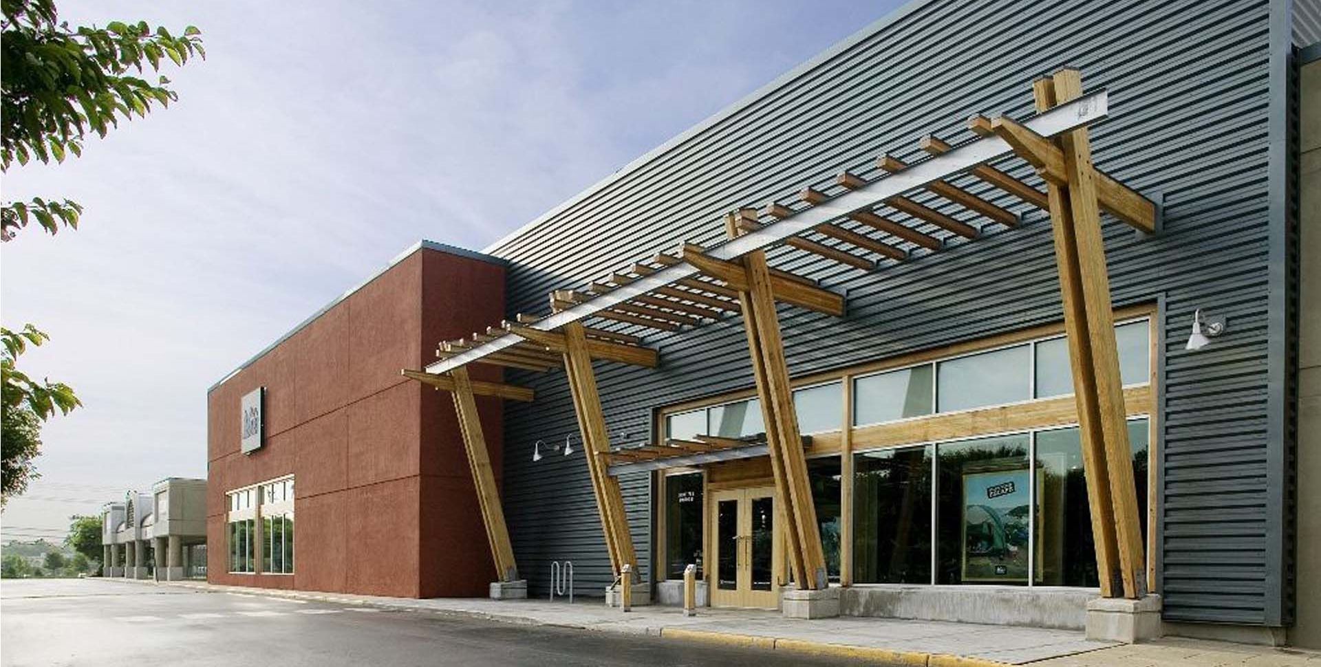 A large building with a canopy over the entrance