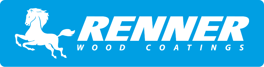 A blue and white logo for renner wood coatings