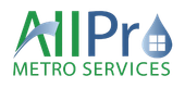 Logo for All Pro Metro Services: green "All" with a blue swoop, blue "Pro," and a water drop with a small house inside.