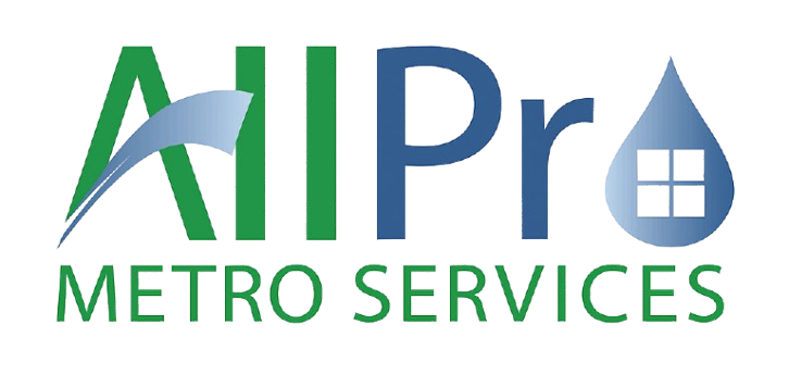 Logo for All Pro Metro Services: green "All" with a blue swoop, blue "Pro," and a water drop with a small house inside.