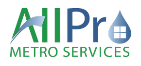 Logo for All Pro Metro Services: green "All" with a blue swoop, blue "Pro," and a water drop with a small house inside.