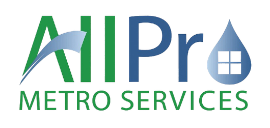 Logo for All Pro Metro Services: green "All" with a blue swoop, blue "Pro," and a water drop with a small house inside.
