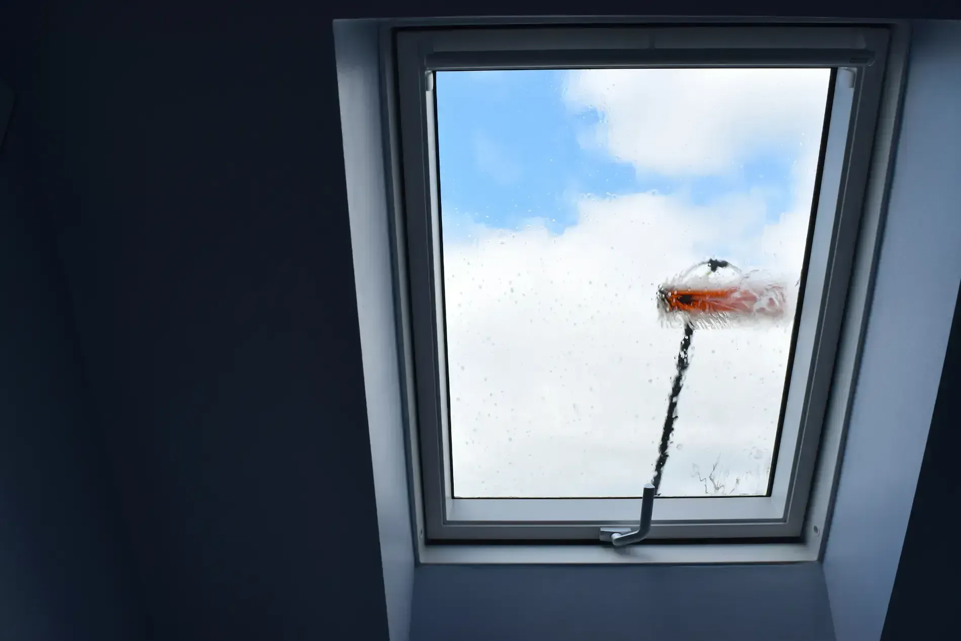 Person cleaning a window in a room with a blue sky visible, using a squeegee.