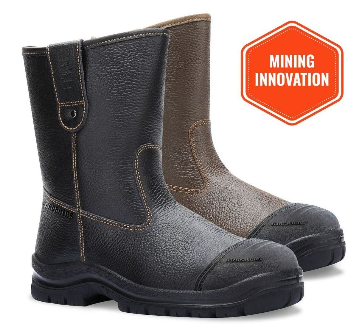 Extra durable pull-on rigger mining safety boots in brown an black leather with scuff caps