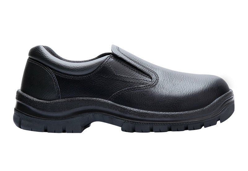 A pair of black safety shoes on a white background