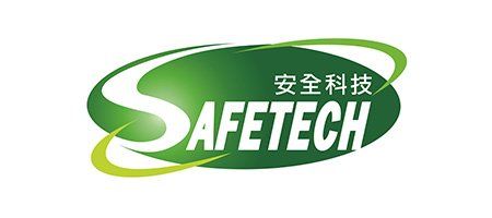 A green and white logo for safetech on a white background.