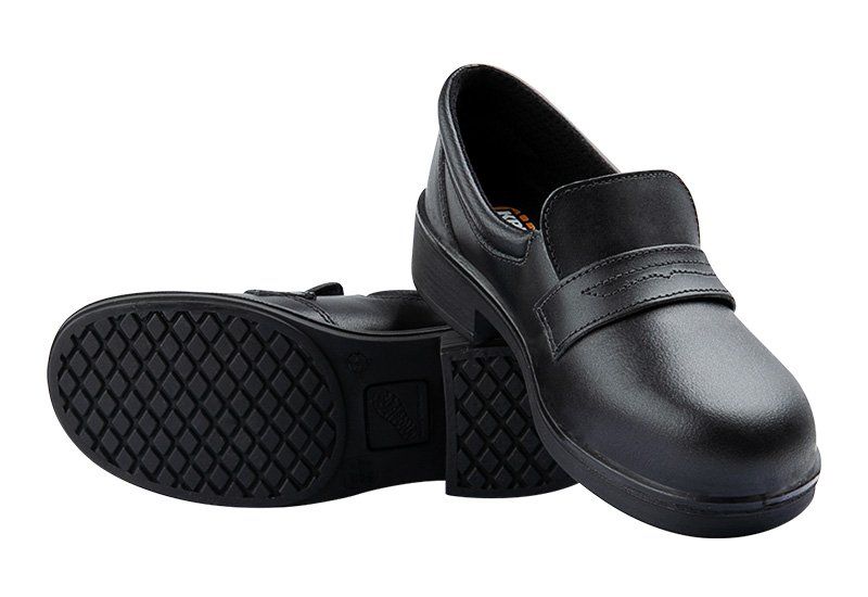 A pair of black shoes with a rubber sole on a white background