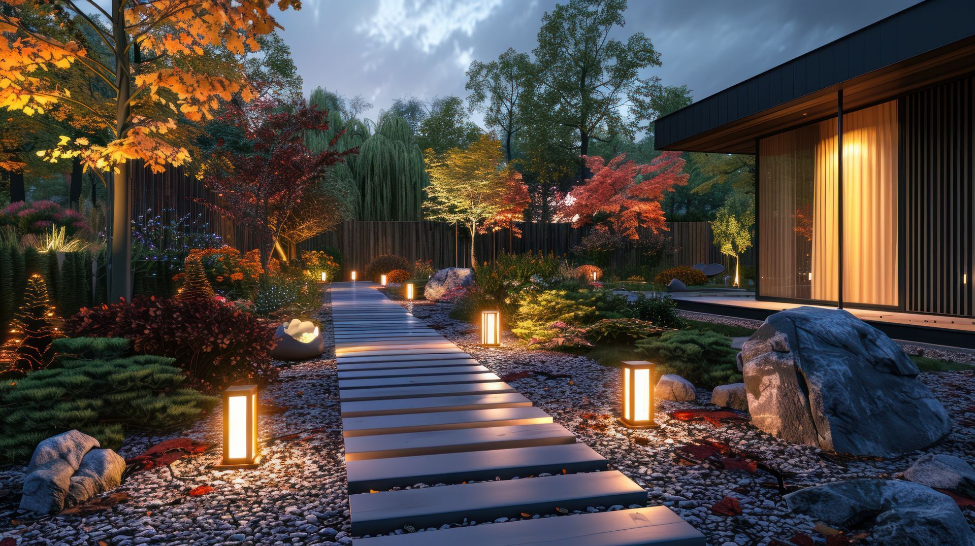 A path leading to a house with lanterns on the side of it.