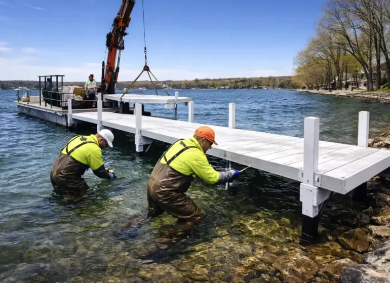 Two workers in waders and high-visibility shirts install a white wooden pier in a lake using a barge-mounted crane.