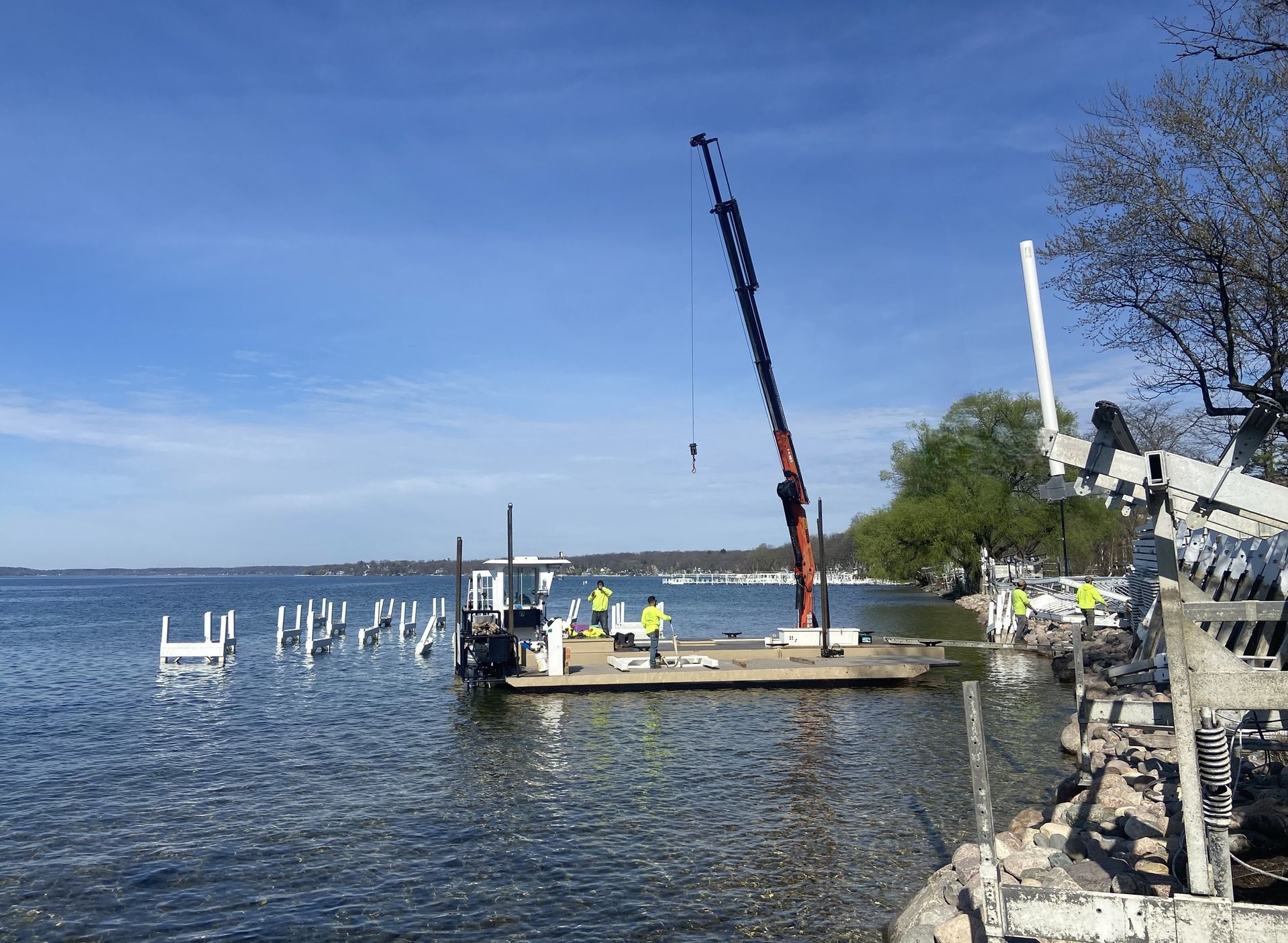 Docks are being assembled on the lake