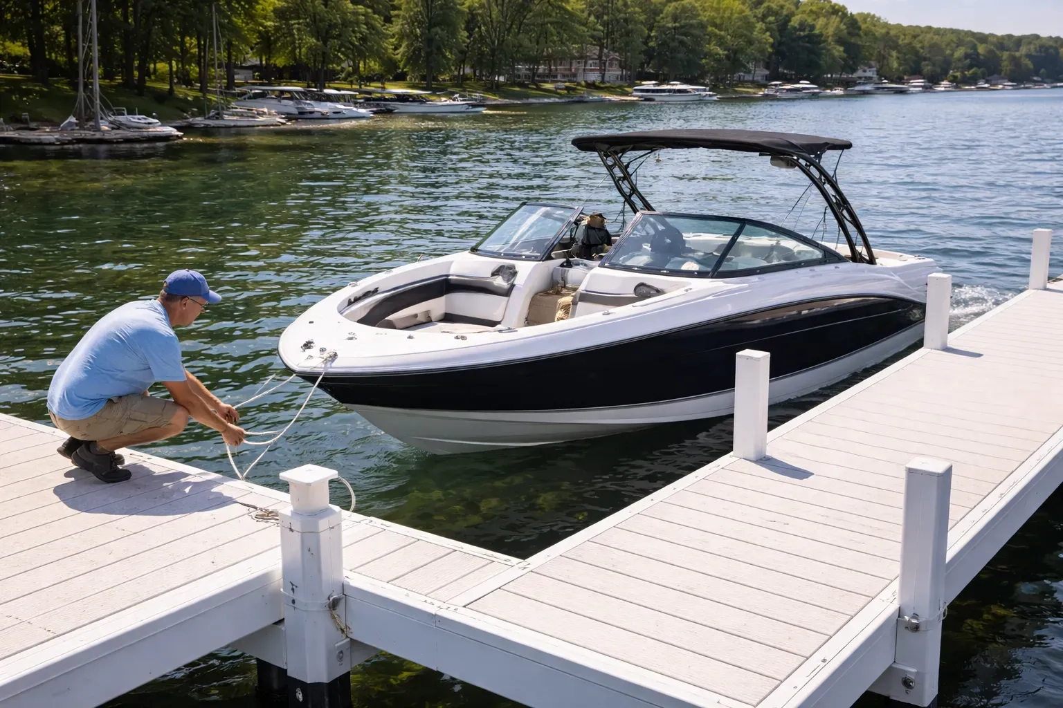 A dock is under construction on a lake