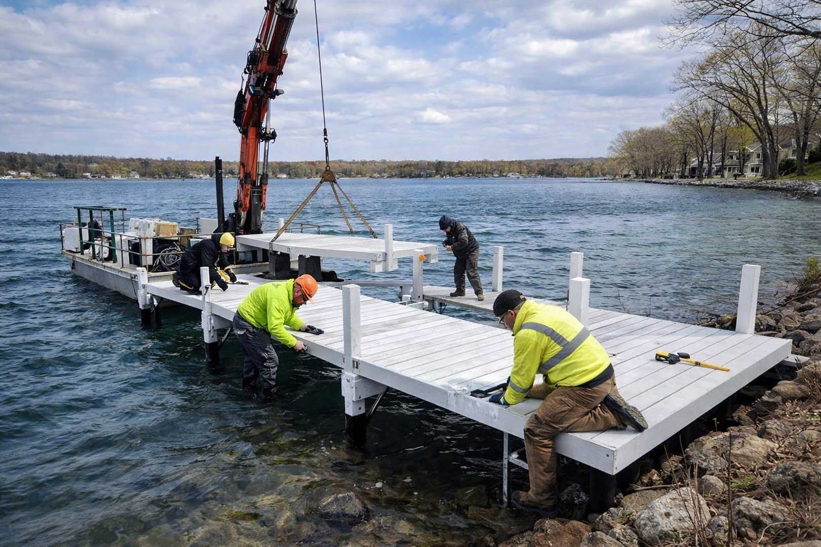 Workers in neon vests use a crane to install a white modular dock into a lake.