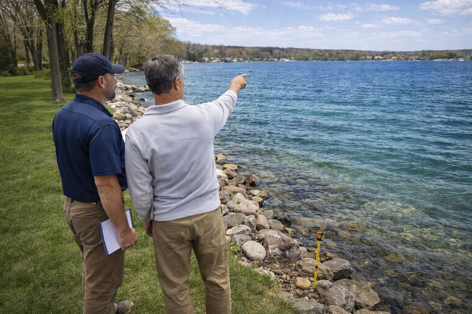 Two people stand on a grassy lakeshore, one pointing toward the water, with a survey marker visible on the rocky bank.