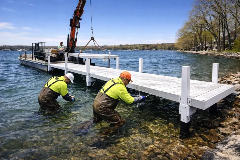 Two workers in waders and high-visibility shirts install a white wooden pier in a lake using a barge-mounted crane.