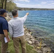 Two people stand on a grassy lakeshore, one pointing toward the water while the other holds papers.