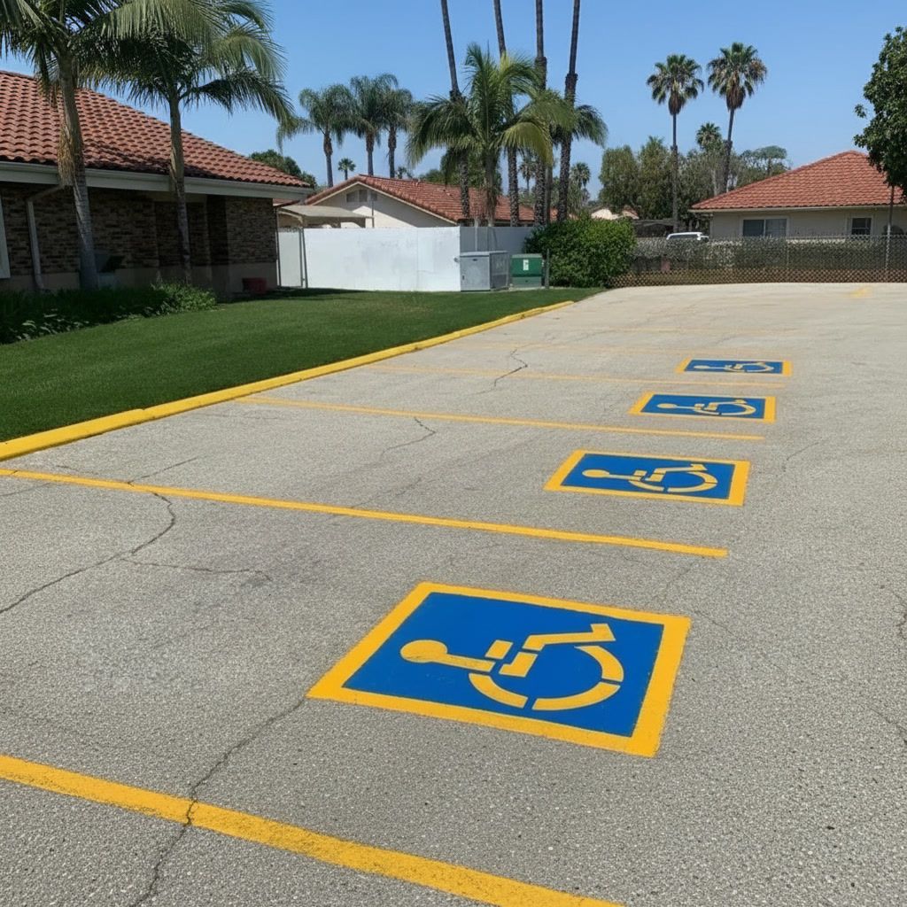 ADA handicap parking lot striping in Anaheim CA with blue accessible symbols and fresh yellow lines
