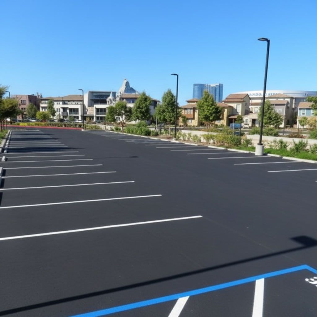 Newly striped parking lot in Anaheim CA with bright white lines and organized parking layout
