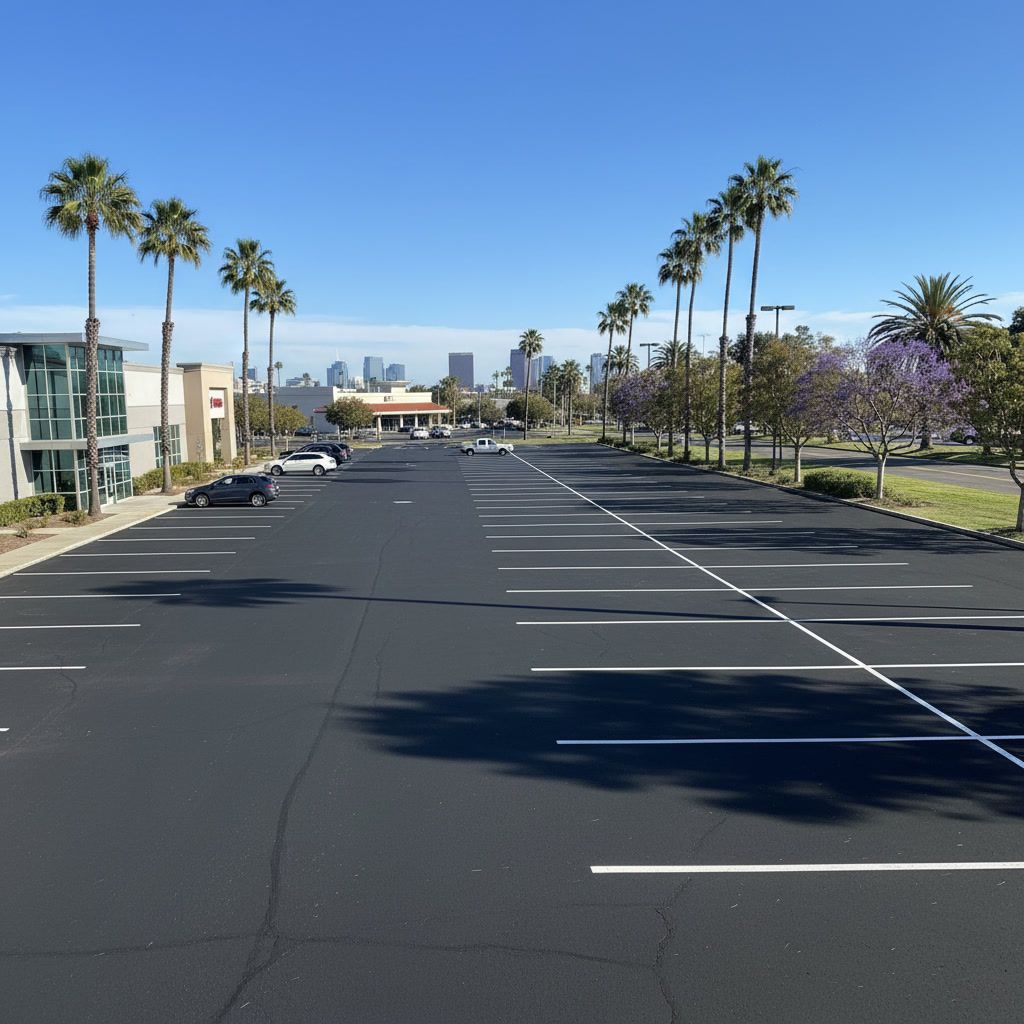 Fresh parking lot striping in Anaheim CA with clean white lines on a commercial asphalt lot