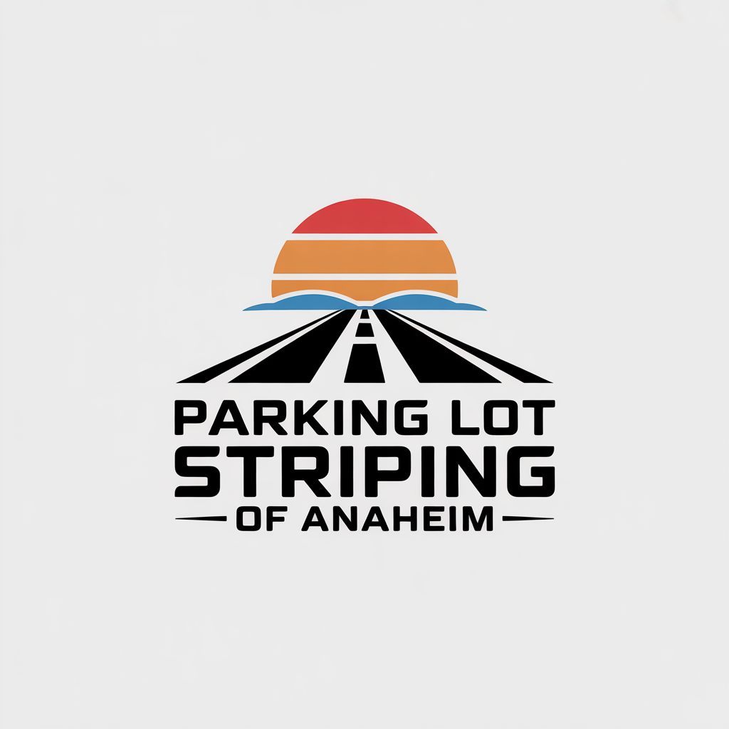 Parking Lot Striping Anaheim CA logo with road graphic and sunset design for local striping company
