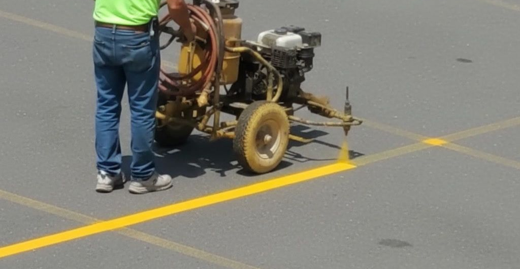 Parking lot restriping in Anaheim CA with yellow line striping machine applying fresh pavement markings
