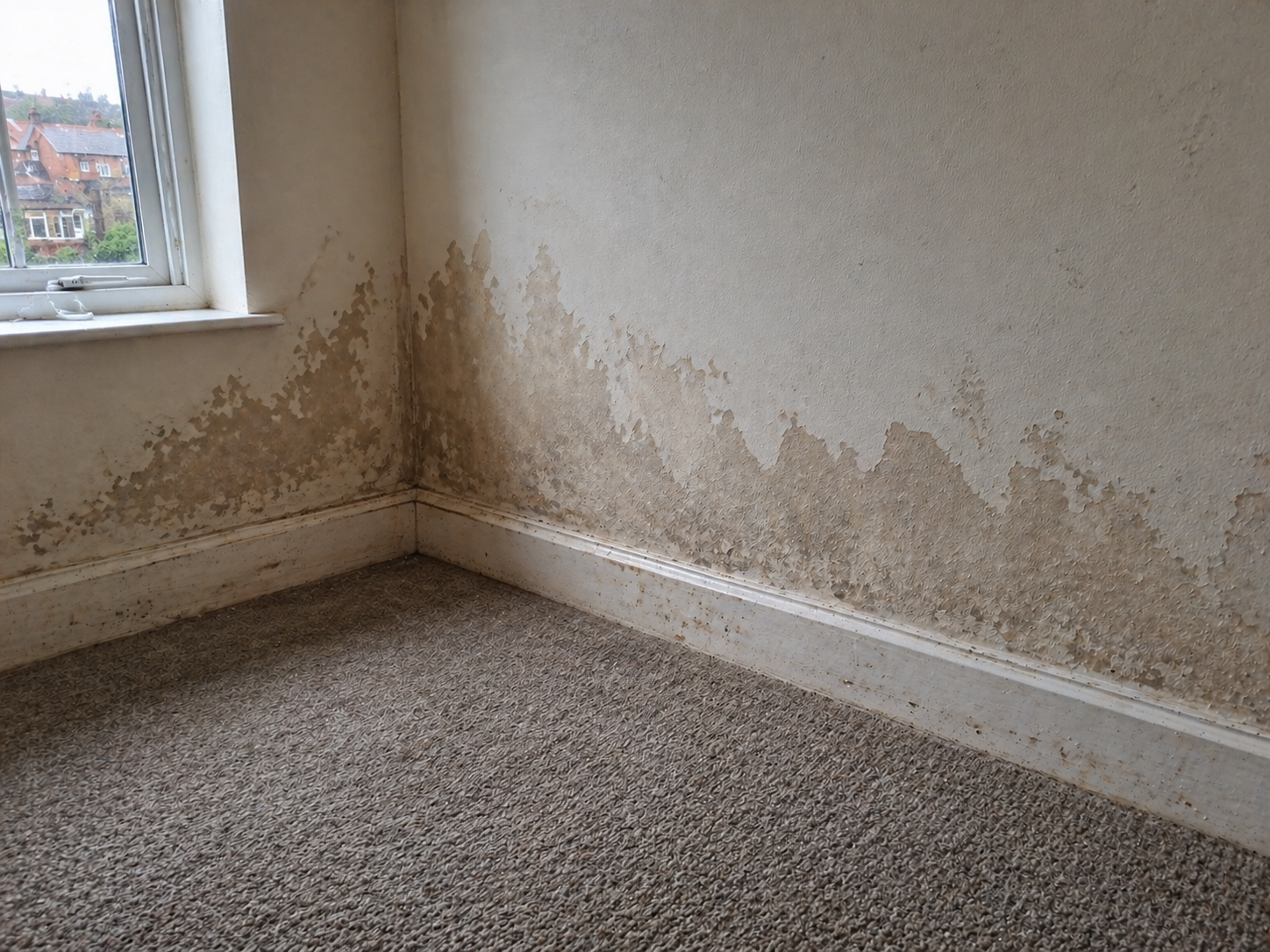 Water-damaged room corner with peeling beige walls, stained baseboards, and carpet near a window