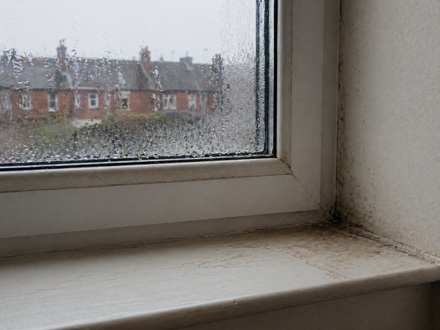 Rainy window with water droplets, looking out at red brick houses across the street.