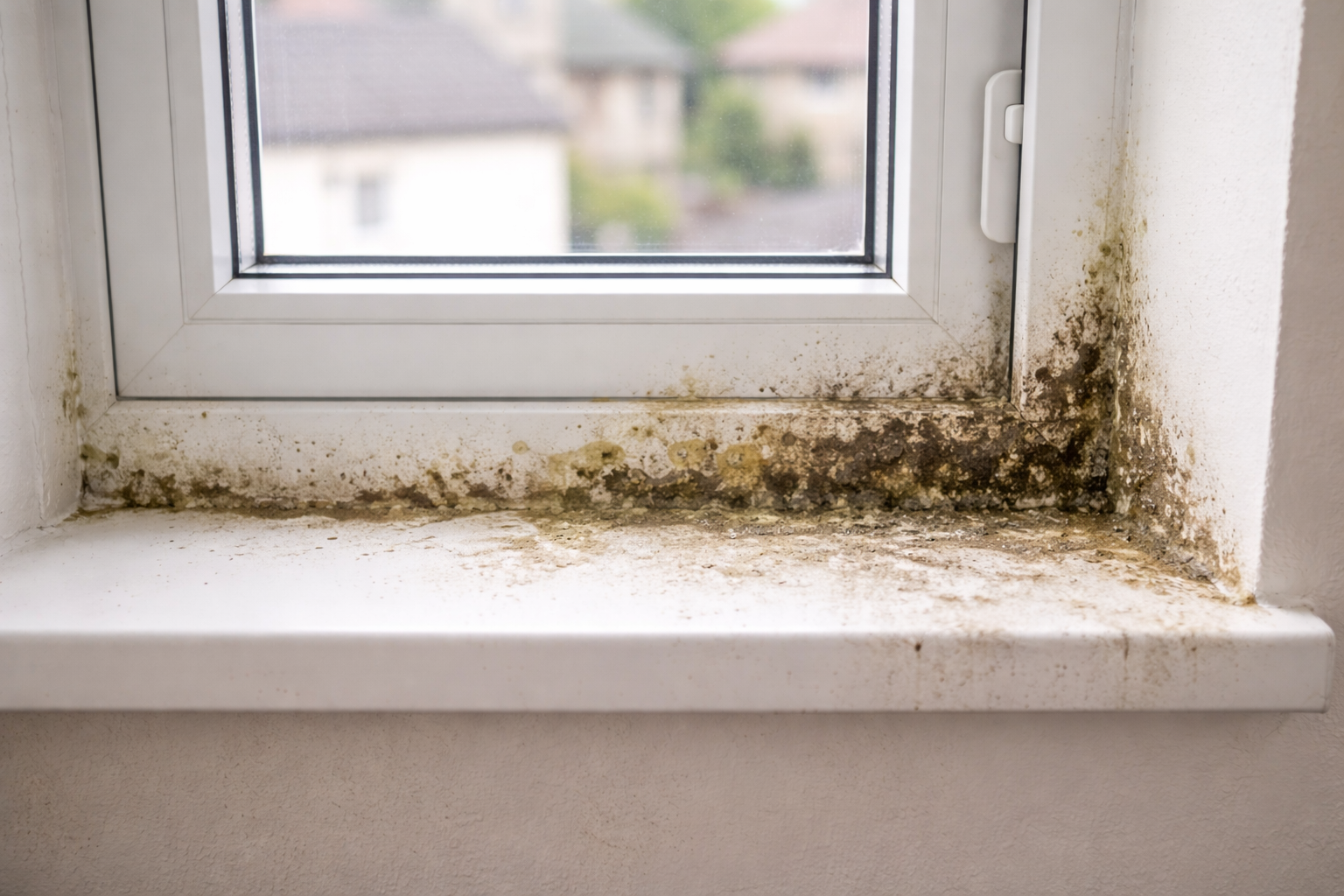 Black mold growing on a white window frame and sill.