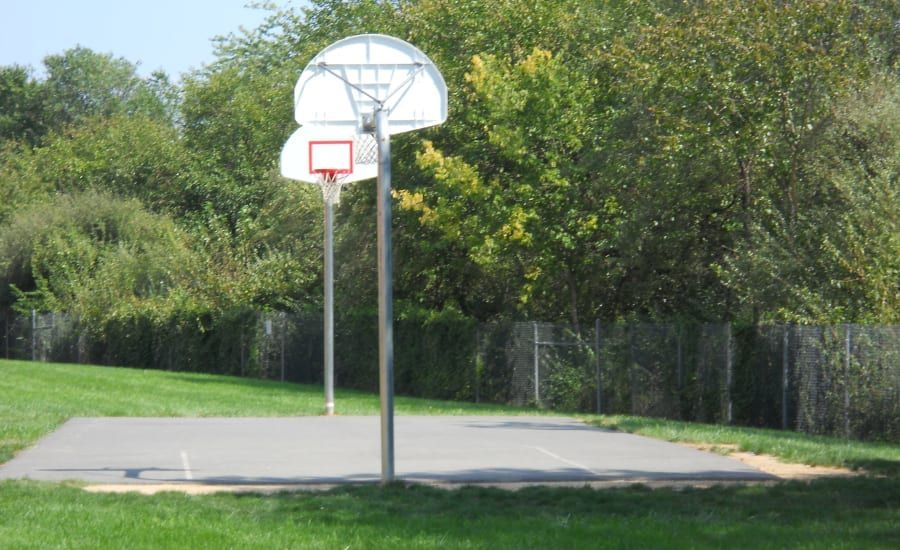 A basketball hoop in a park with trees in the background at Westgate Apartments & Townhomes in Manassas, VA.