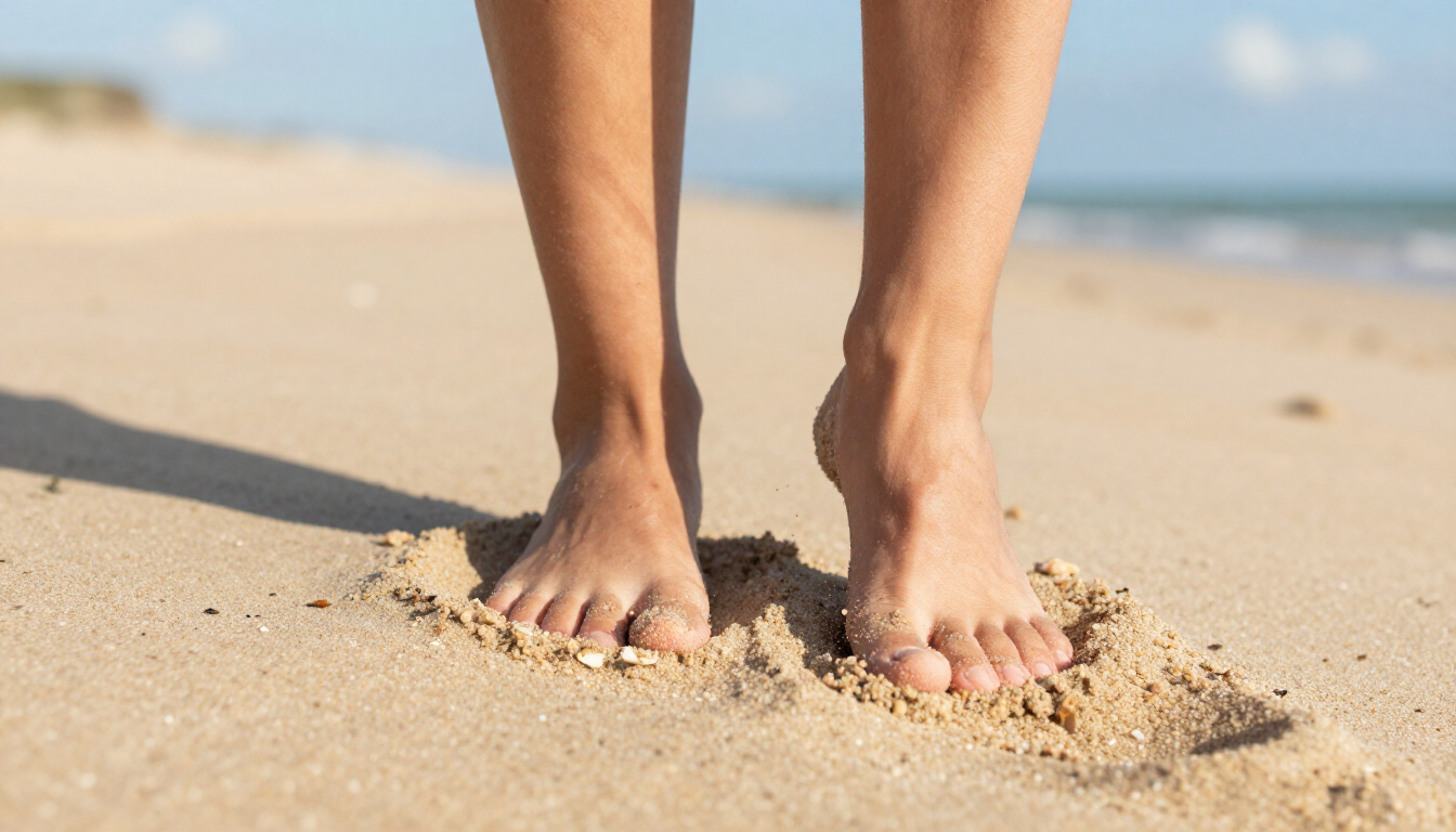 Supportive summer sandals on a sunny wooden deck.
