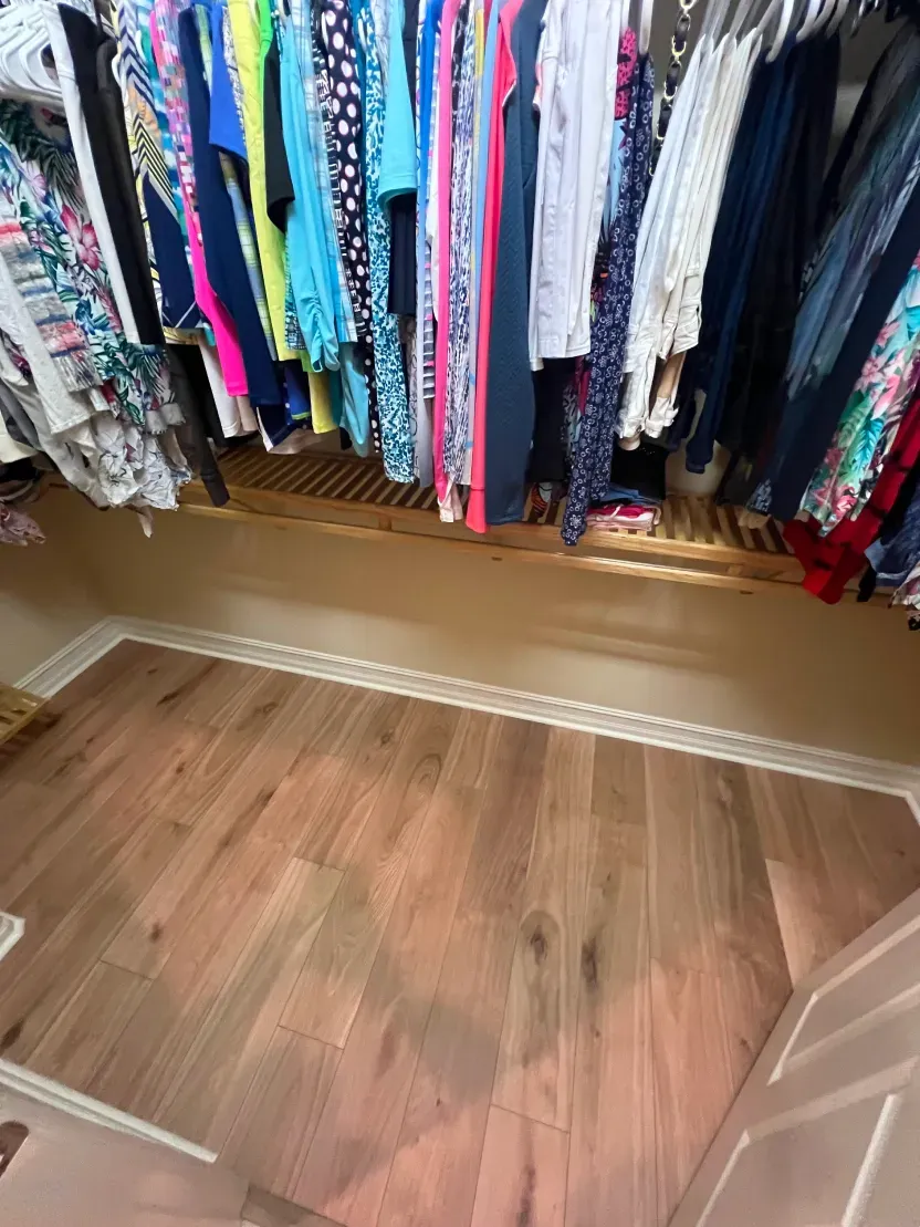 Closet with clothes hanging above wood flooring, beige walls, and white trim.