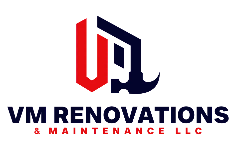 Logo for VM Renovations. Red and blue geometric "VM" with a hammer, company name below.