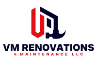 Logo for VM Renovations. Red and blue geometric "VM" with a hammer, company name below.
