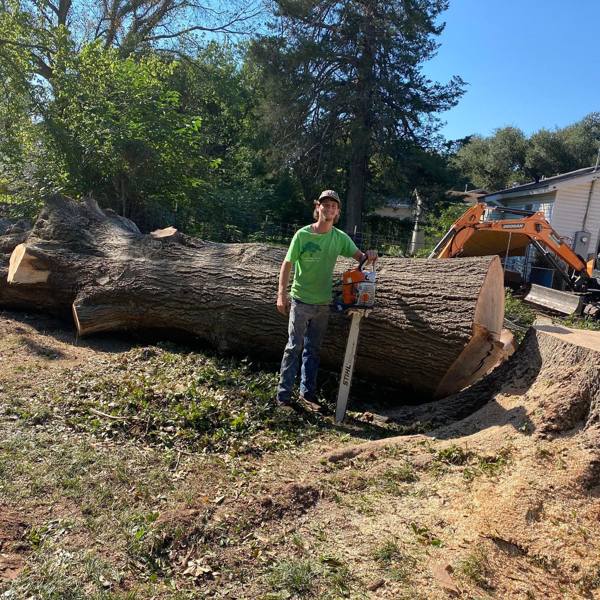 Person with chainsaw stands next to a large felled tree trunk with an excavator in the background.