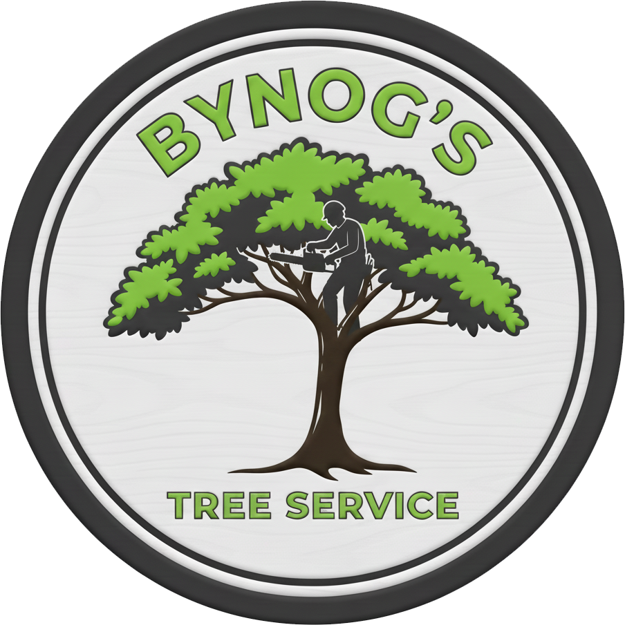 Logo for Bynog's Tree Service: depicts a silhouetted tree with a person trimming branches. Green and brown colors.