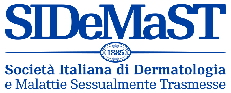 A blue and white logo for sidemast society italiana di dermatologia