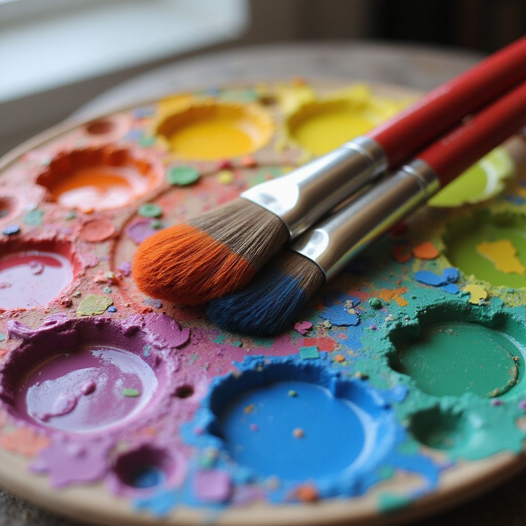 Palette de peinture avec deux pinceaux, couleurs vibrantes.