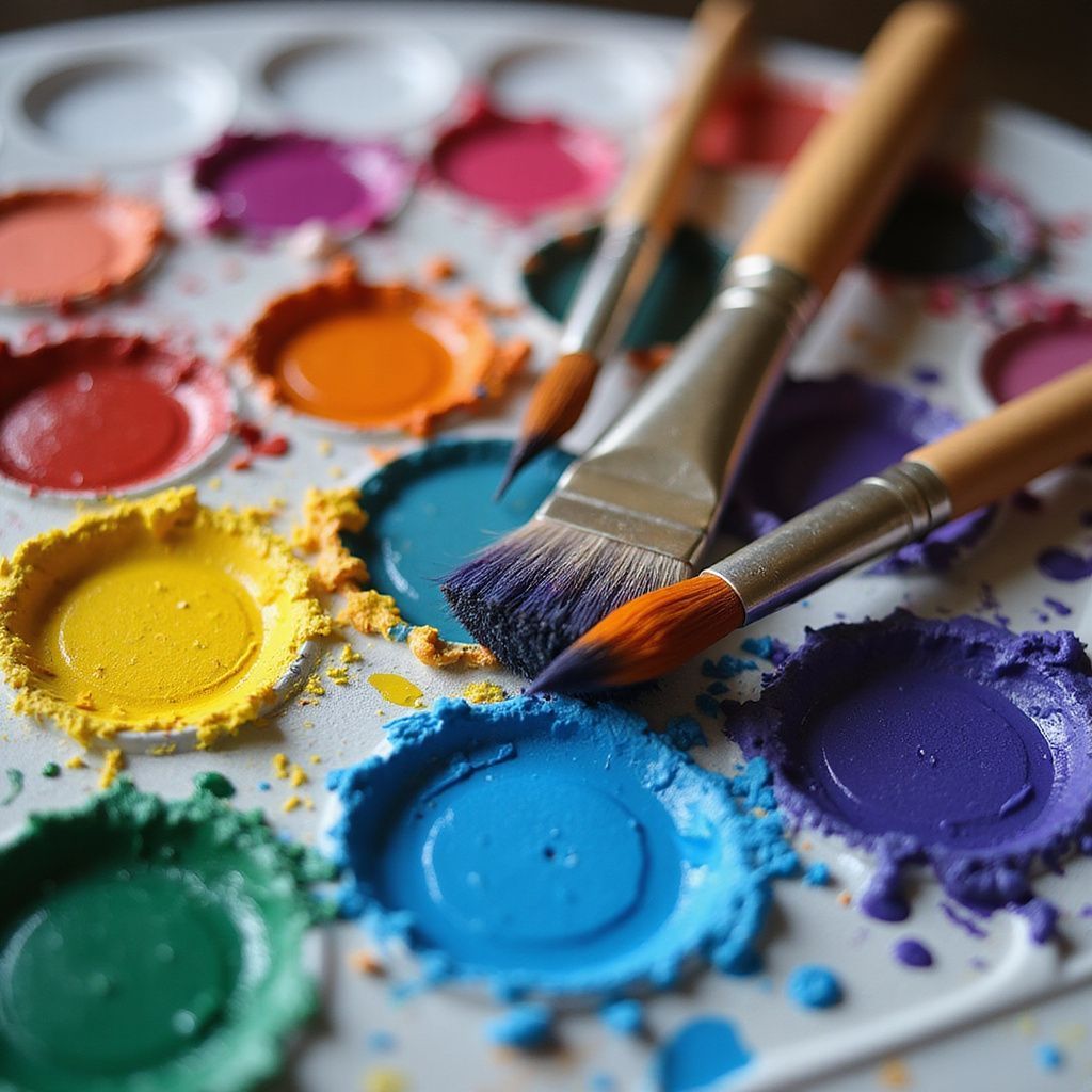 Palette avec des peintures colorées et des pinceaux.
