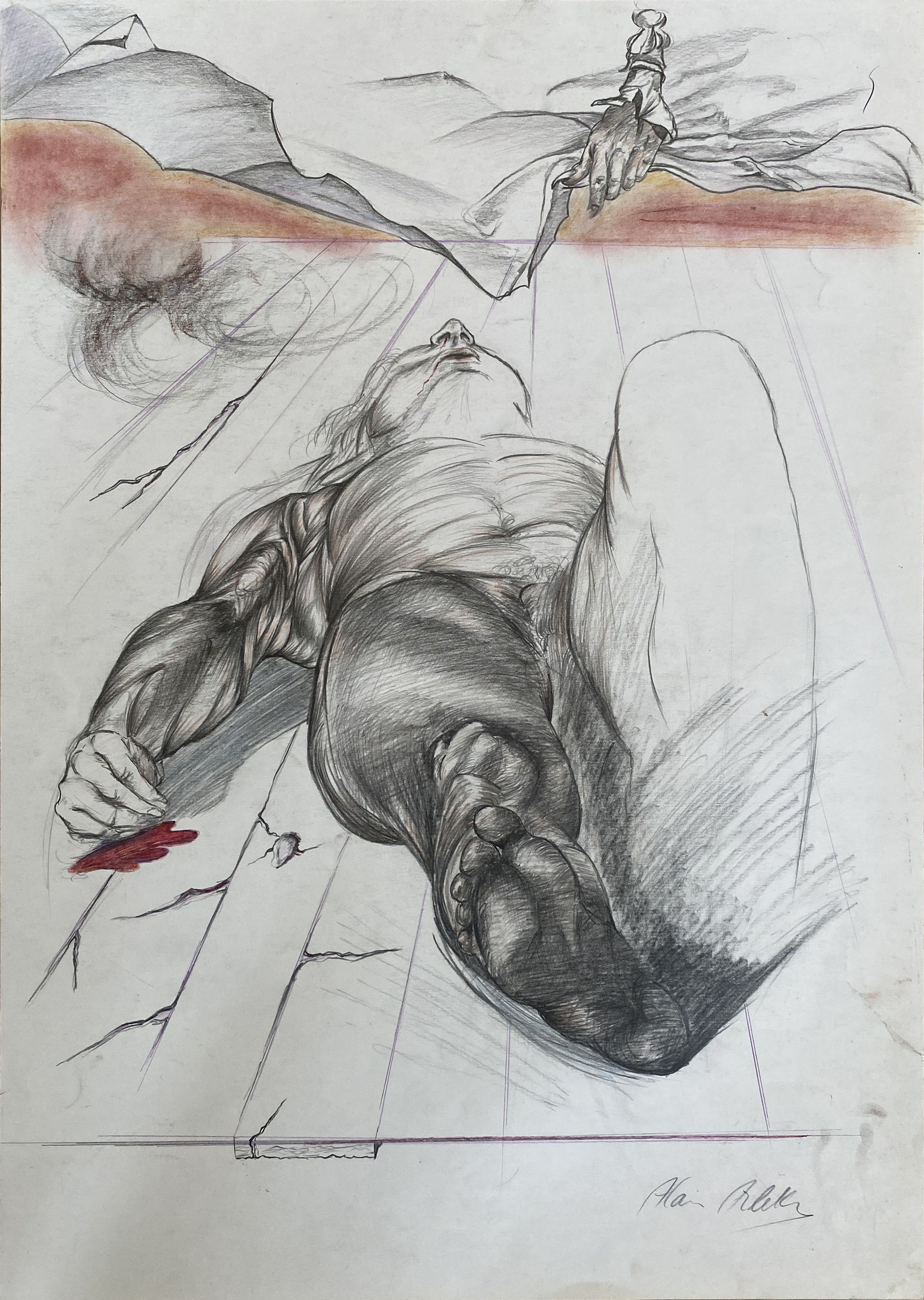 Apprenez la Perspective Dessin à l'encre d'une grande silhouette sombre et allongée ; sang sur le sol ; bâtiment en arrière-plan. Perspective