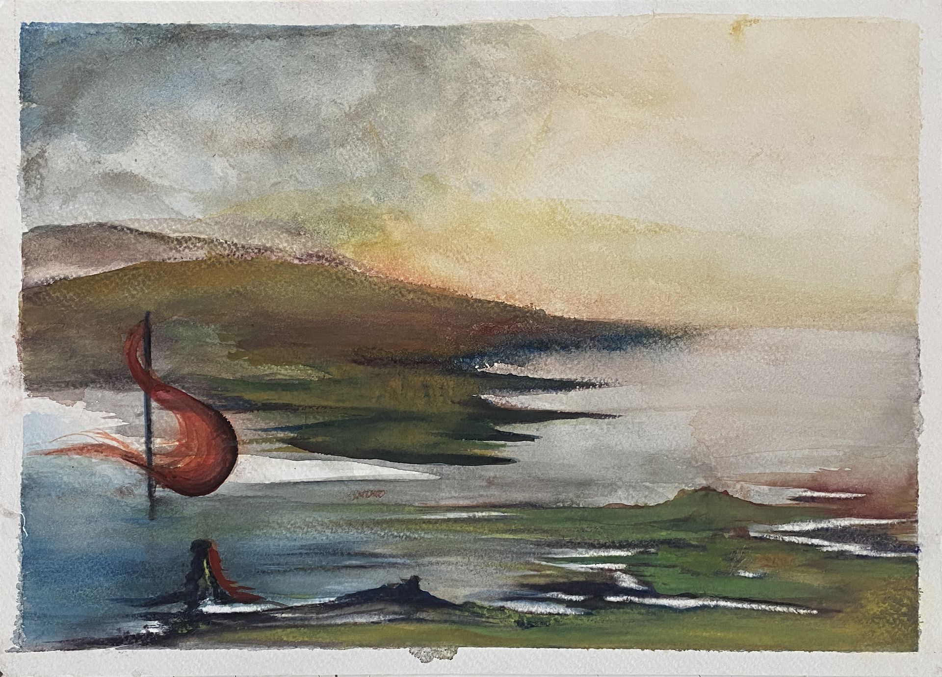 Aquarelle représentant un lac avec une grande forme rouge ; des montagnes et un ciel brumeux et coloré se dessinent en arrière-plan.
