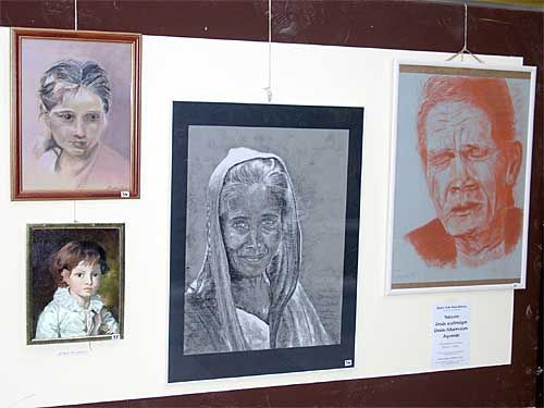 Quatre tableaux de paysages exposés : montagnes, champs et bateaux.