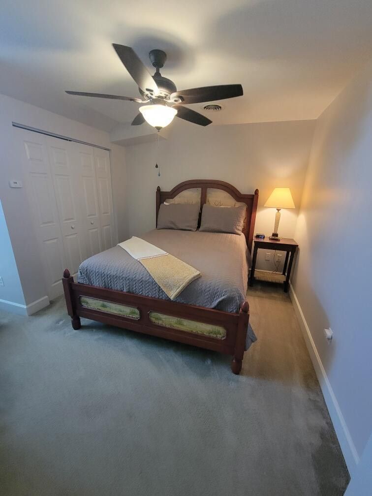 Bedroom with a wooden bed, nightstand with lamp, closet, and ceiling fan.
